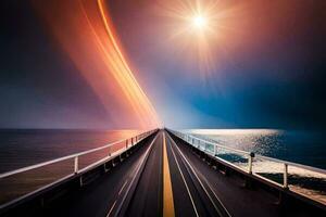 a long bridge with a bright light shining over it. AI-Generated photo