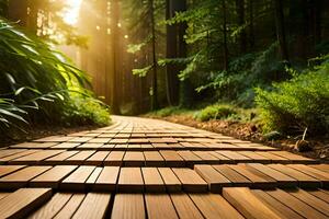 a wooden path in the woods with sunlight shining through. AI-Generated photo