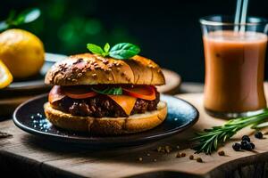 a hamburger with cheese, tomatoes and herbs on a plate. AI-Generated photo