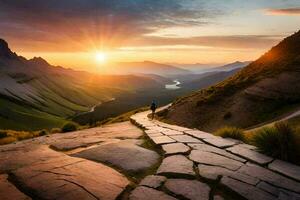 the sun rises over the mountains in the background. AI-Generated photo