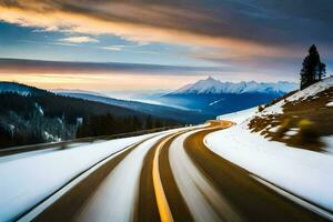 a snowy road in the mountains with a car driving down it. AI-Generated photo