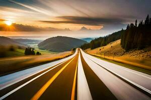 un largo exposición fotografía de un la carretera en el montañas. generado por ai foto