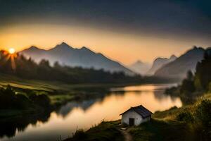 a small house sits on the edge of a lake in the mountains. AI-Generated photo