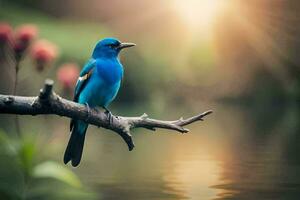 a blue bird sits on a branch near water. AI-Generated photo