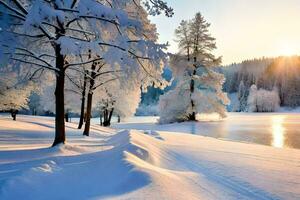 snow covered trees and the sun setting over a lake. AI-Generated photo