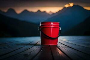 red bucket on the wooden floor with mountains in the background. AI-Generated photo