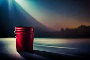 a red bucket sitting on the ground in front of a bright light. AI-Generated photo