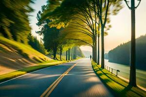 un largo la carretera con arboles y un río en el antecedentes. generado por ai foto