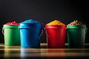 four buckets of colored candy in different colors. AI-Generated photo