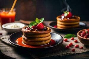 pancakes with berries and syrup on a wooden table. AI-Generated photo