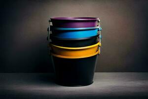 a stack of three colorful buckets on a dark background. AI-Generated photo