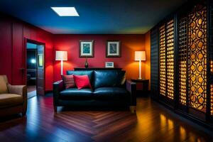 a wine cellar with red walls and wooden floors. AI-Generated photo