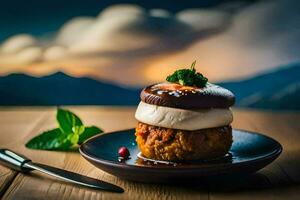 a dessert on a plate with a mountain in the background. AI-Generated photo