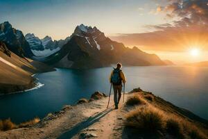a man standing on a mountain overlooking a lake and mountains. AI-Generated photo