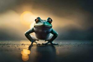 a frog is standing on the ground with a blurry background. AI-Generated photo