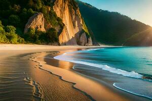 a beach with sand and water in front of cliffs. AI-Generated photo