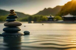 a stack of stones in the water with the sun setting behind it. AI-Generated photo