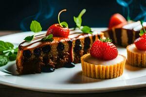 a plate with a piece of cake and strawberries. AI-Generated photo
