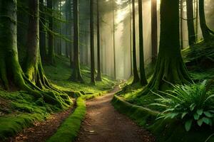 a path through a green forest with trees and moss. AI-Generated photo