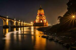 the bridge at night with a tower in the background. AI-Generated photo