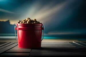 a bucket of peanuts on a wooden table. AI-Generated photo