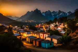 un pueblo a puesta de sol con montañas en el antecedentes. generado por ai foto