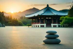 stacked stones in front of a pagoda at sunset. AI-Generated photo