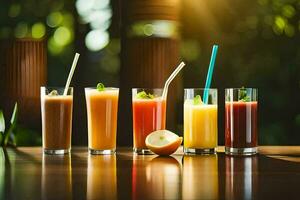 five different types of juices on a table. AI-Generated photo