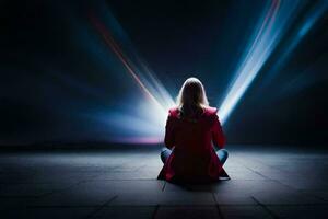un mujer sentado en el oscuro con ligero viniendo desde su manos. generado por ai foto