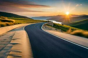 a road with the sun setting over the mountains. AI-Generated photo