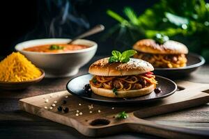 two burgers on a wooden board with a bowl of soup. AI-Generated photo