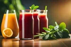 three glasses of juice with fresh fruit and mint leaves. AI-Generated photo