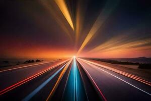 un largo exposición fotografía de un autopista a puesta de sol. generado por ai foto