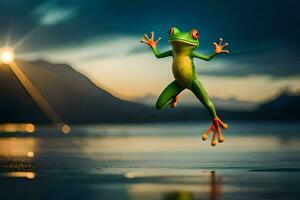 un rana saltando en el aire con sus piernas extendido. generado por ai foto