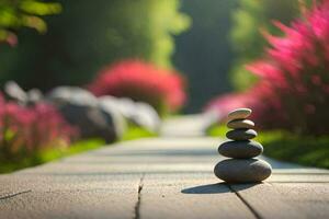 a stack of stones on a wooden path. AI-Generated photo