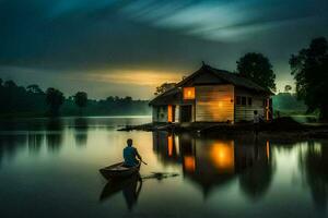 photo wallpaper the sky, boat, house, lake, boat, boat house, boat, lake. AI-Generated