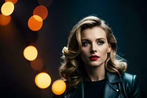 a beautiful woman in a leather jacket and red lipstick. AI-Generated photo