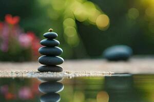 a stack of black stones sitting on the ground. AI-Generated photo