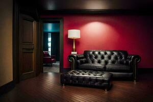 a black leather couch sits in front of a red wall. AI-Generated photo