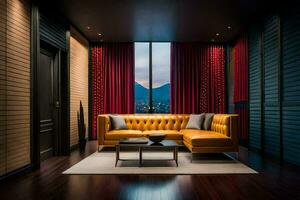 a living room with a yellow couch and red curtains. AI-Generated photo