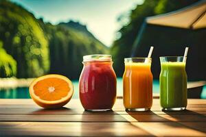 Tres diferente tipos de jugos en un mesa. generado por ai foto