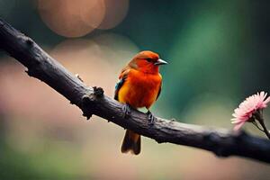 a small orange bird sits on a branch. AI-Generated photo
