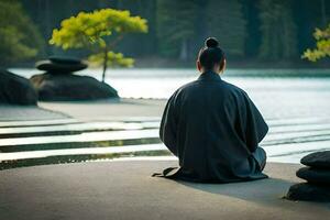 a man in a black robe sitting on the edge of a lake. AI-Generated photo