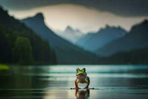 a frog standing on the edge of a lake in front of mountains. AI-Generated photo