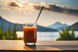 a glass of orange juice on a table with mountains in the background. AI-Generated photo