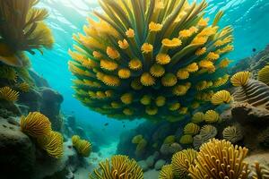 a large yellow sea anemone is floating above a coral reef. AI-Generated photo