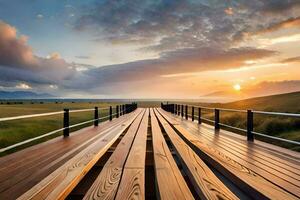 a wooden bridge over a field with the sun setting. AI-Generated photo