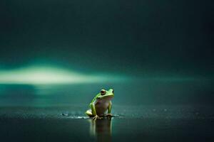 un rana sentado en el suelo en el lluvia. generado por ai foto