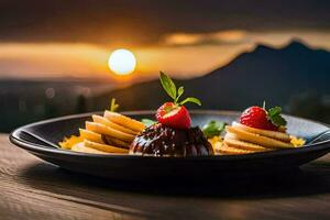 the dessert is served on a plate with a view of the sunset. AI-Generated photo