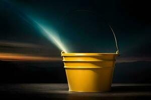 a yellow bucket with a light shining from it. AI-Generated photo